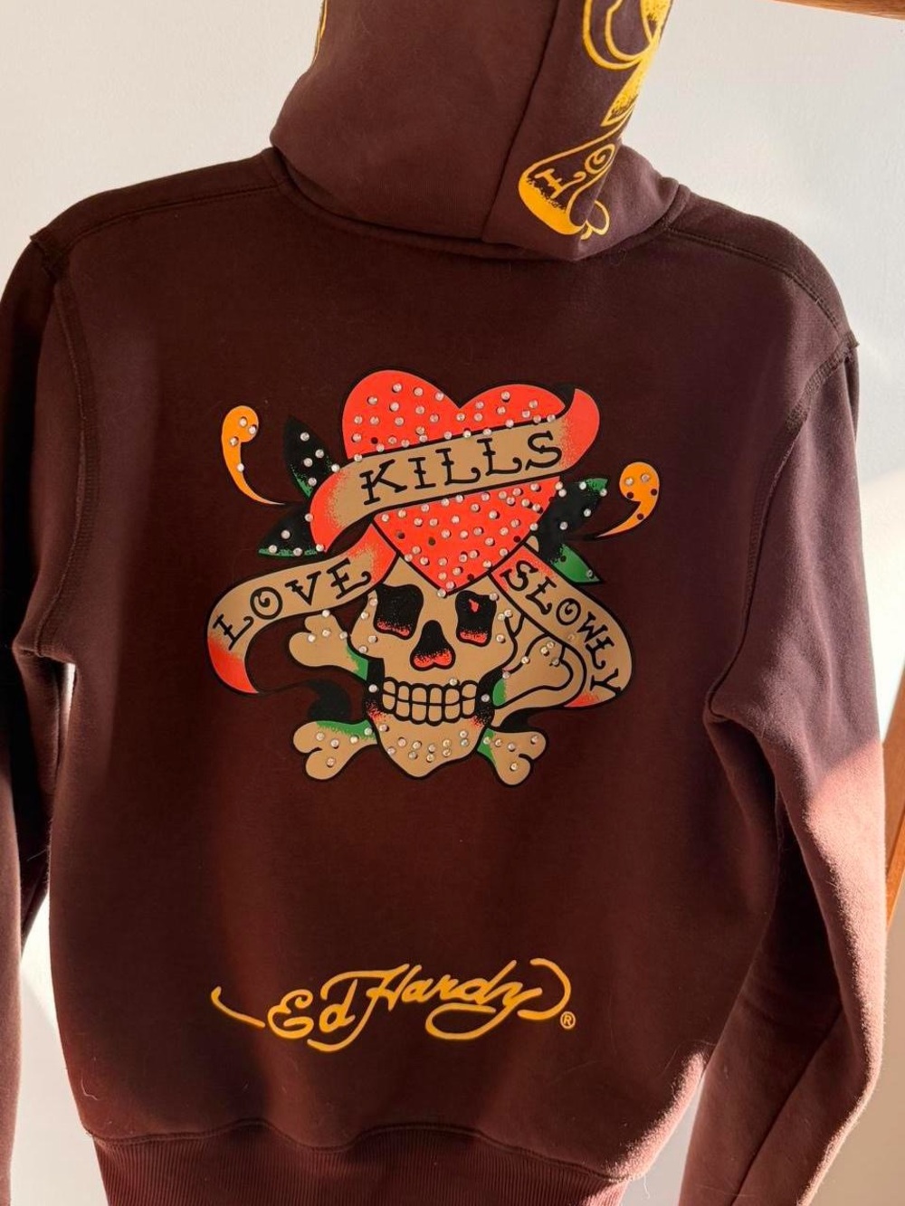 Ed Hardy Women’s Brown Graphic Hoodie - Heart & Skull Print - Picture 4 of 5